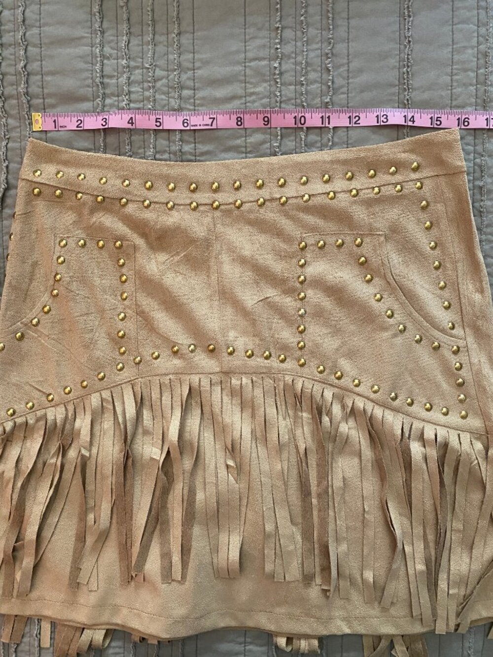 Boho Faux Suede Fringe Mini Skirt - Tan Studded Western Festival Cowgirl - XL - Picture 4 of 7